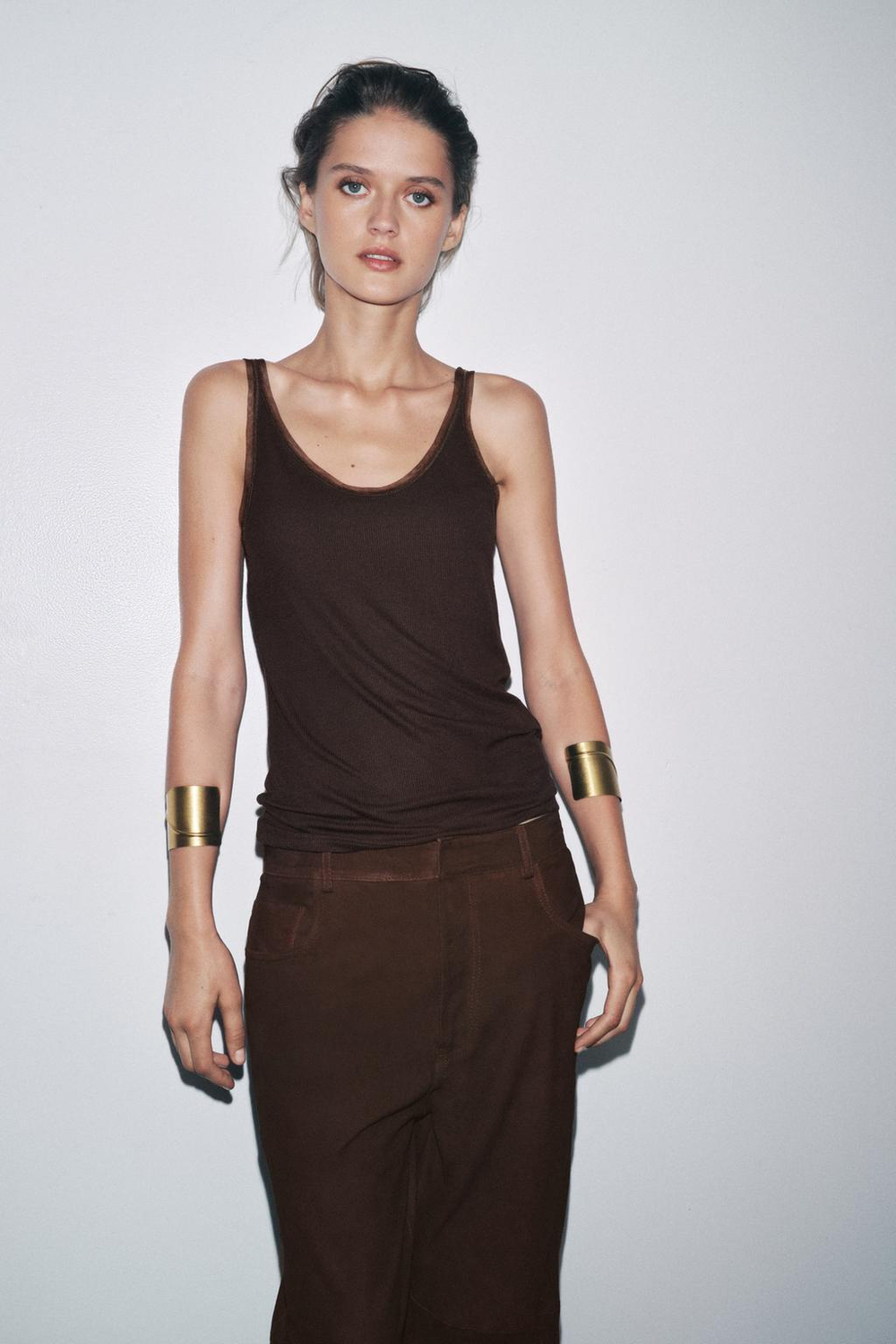 ZARA КОМБИНИРОВАННАЯ ФУТБОЛКА, ТЕМНО-КОРИЧНЕВЫЙ