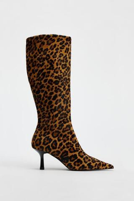 ZARA КОЖАНЫЕ САПОГИ С ТИСНЕНИЕМ, ЛЕОПАРДОВЫЙ