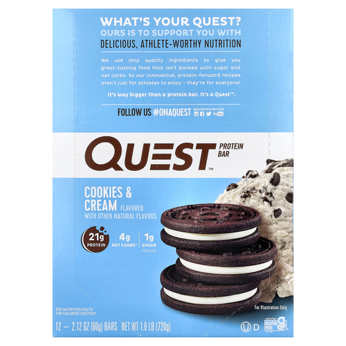 Quest Nutrition, протеиновый батончик, со вкусом печенья и сливок, 12 батончиков, 60 г (2,12 унции) каждый