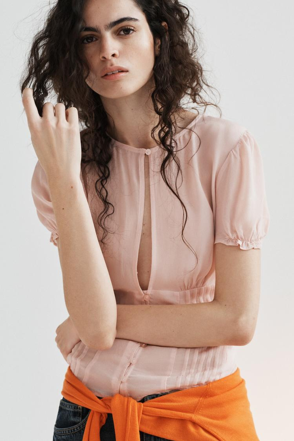 ZARA ТОП ИЗ ПОЛУПРОЗРАЧНОГО ЖОРЖЕТА, ПАСТЕЛЬНО-РОЗОВЫЙ