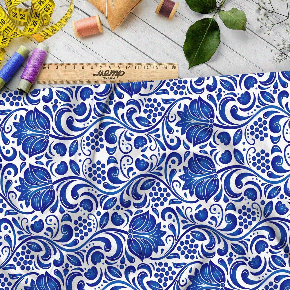 Ткань премиум шифон фантазия на тему гжели