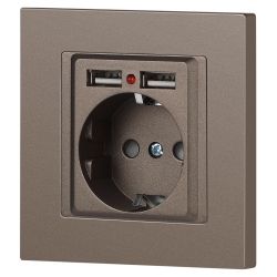 Розетка Intro Accent 6-410-08 , P+E Schuko со шторками, 16А-250В + 2хUSB, IP20, СУ, бронза