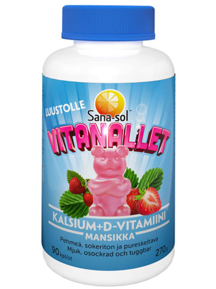 Пищевая добавка для детей Sana-sol Vitanallet Calcium+D 90 шт/280 г, жевательные мишки со вкусом клубники, детский Санасол