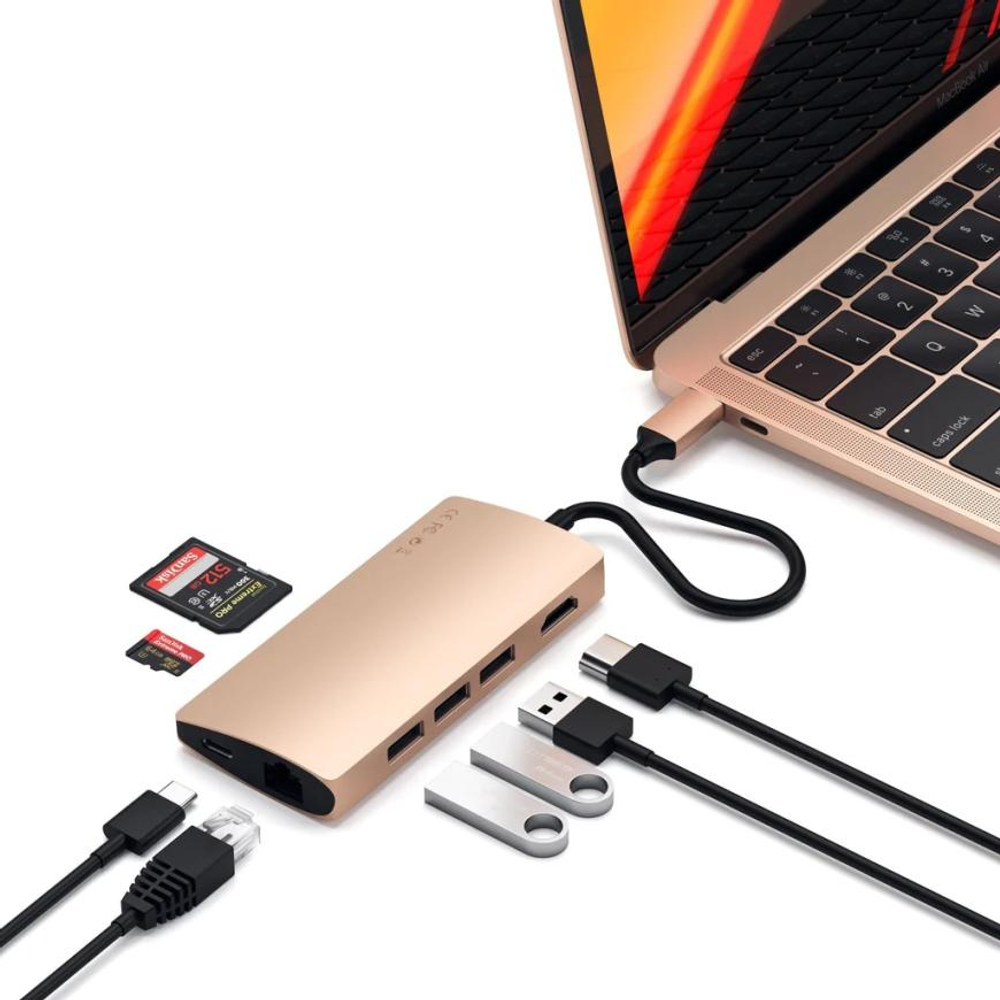 USB-Хаб Satechi Multiport V2 (USB-C) (ST-TCMA2) Подключение: встроенный кабель USB-C. Порты: USB-C (PD 3.1 115 Вт), USB-A 3.2 Gen 2, 2 USB-A 3.2 Gen 1, microSD, SD, HDMI (до 4K 60 Гц), Gigabit Ethernet