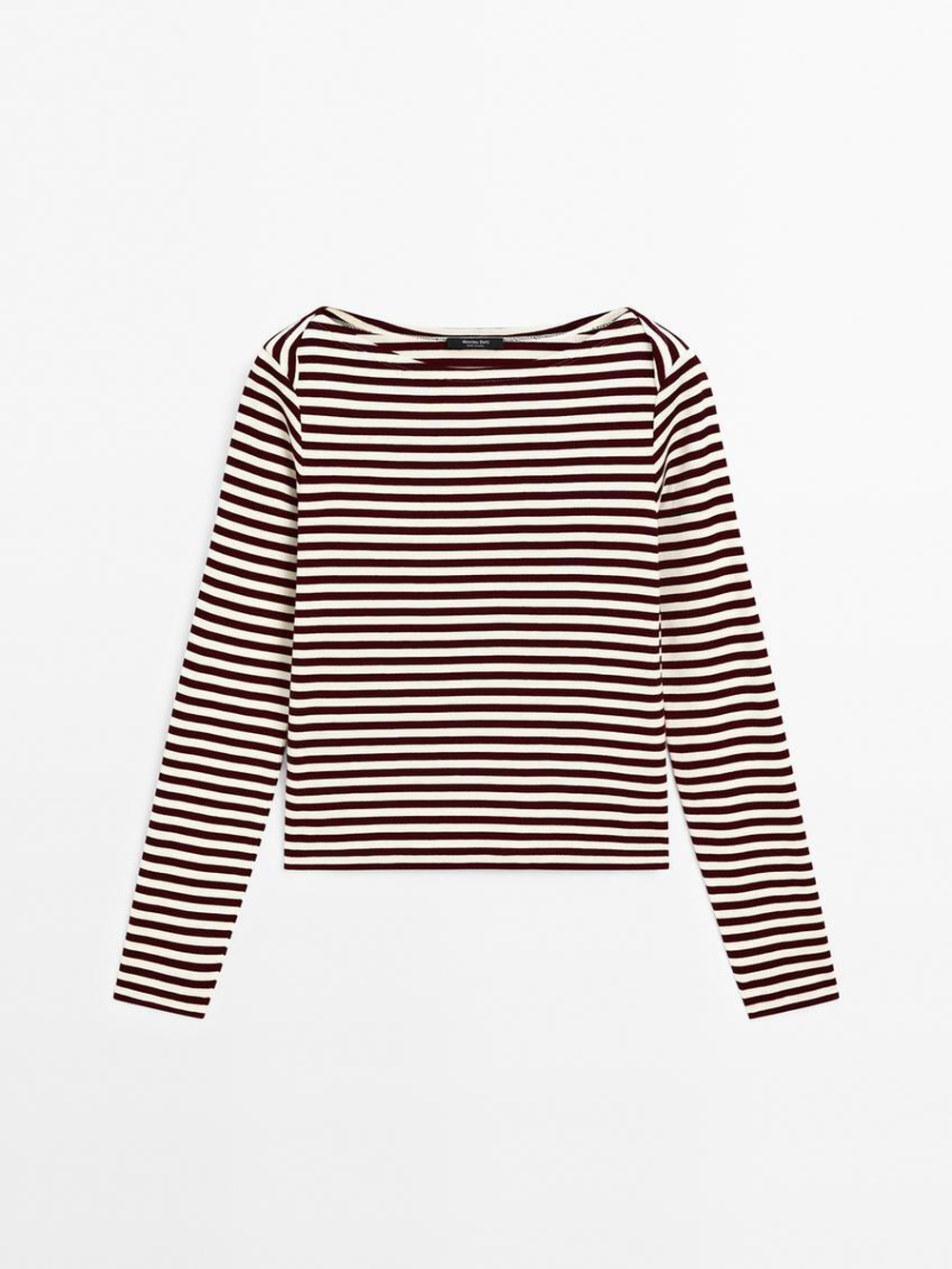 Massimo Dutti Футболка в полоску с деталью внахлест на плечах, бургундский