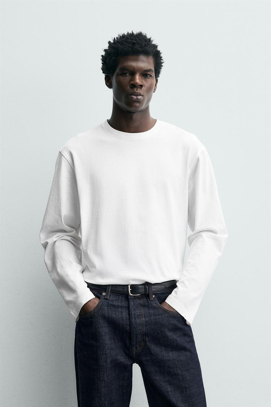 ZARA ФУТБОЛКА С ДЛИННЫМИ РУКАВАМИ КЛАССИЧЕСКОГО КРОЯ, БЕЛЫЙ