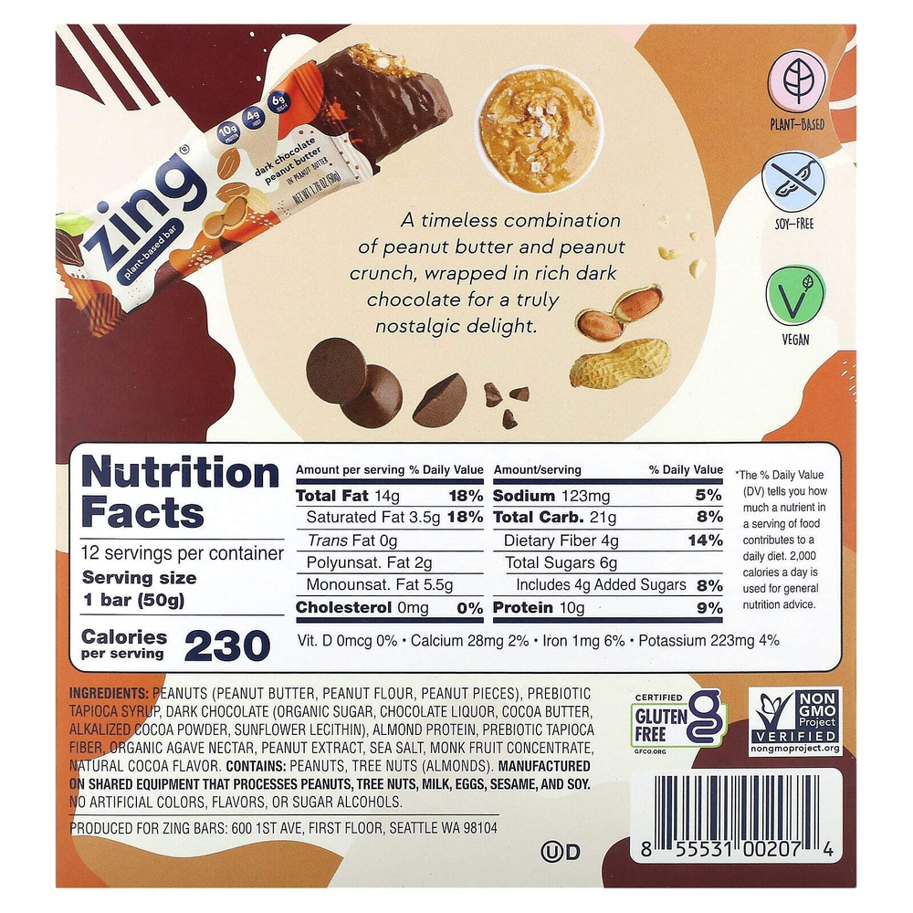 Zing Bars, растительный батончик, темный шоколад с арахисовой пастой, 12 батончиков по 50 г (1,76 унции)
