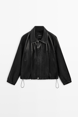 Massimo Dutti Бомбер из кожи наппа, черный