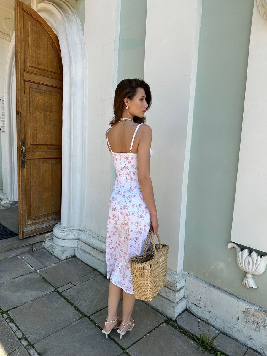 Сарафан из вискозы с чашками молочный в цветок