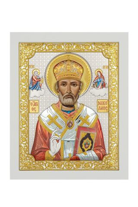 Николай Чудотворец, икона прямоугольная с рамкой, белое дерево, эмаль 210х260