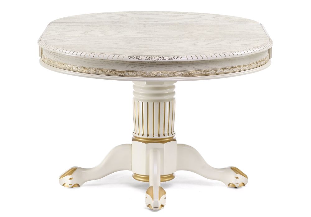 Деревянный стол Альфред 110(160)х110х80 слоновая кость с золотой патиной