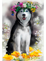Алмазная мозаика 17*22см. квадрат. с подр. "Хаски с венком цветов" с полным заполн.20цв. (Арт.НД-077