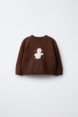 ZARA ВЯЗАНЫЙ СВИТЕР С ВЫШИВКОЙ В ВИДЕ УТЕНКА, КОРИЧНЕВЫЙ