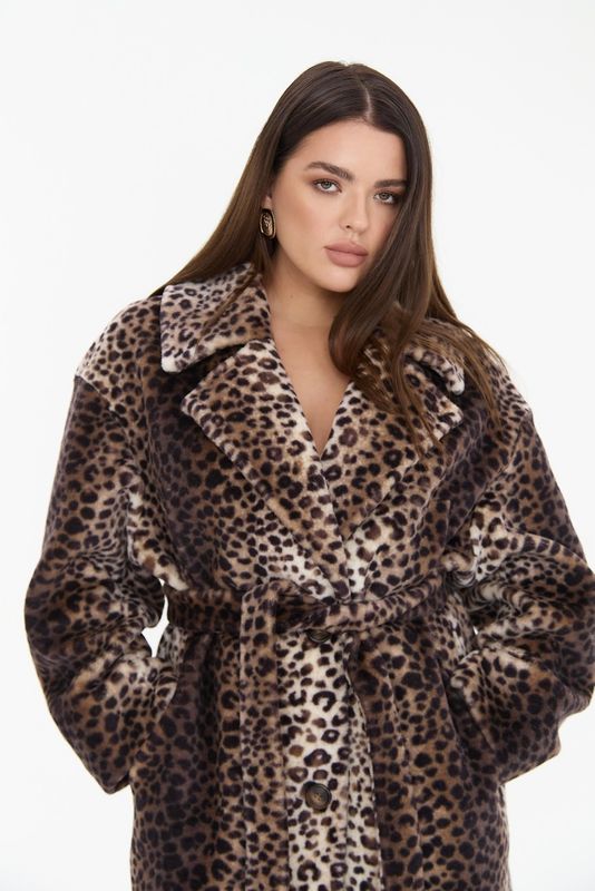 Шуба из овчины на трикотажной основе длинная, леопард