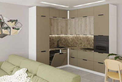 Кухонный гарнитур Альба гранд прайм 2200х2500 мм, каркас ЛДСП, фасад ЛДСП, Белый/Дуб браун/Мокко