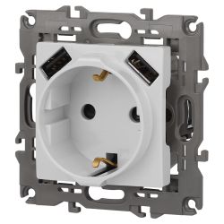 14-4109-01 ЭРА Розетка 2P+E 16A-250В, штор. с 2xUSB 5В-3А, Эра Elegance, белый