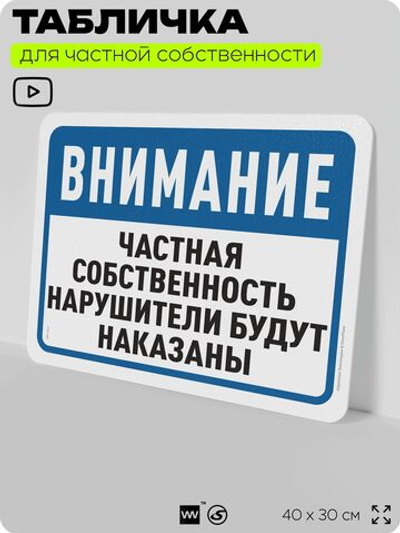 Табличка для частной территории "Частная собственность, нарушители будут наказаны", на дом, для участка, организаций, предупреждающая, 40х30 см, Silver Plane x Айдентика Технолоджи
