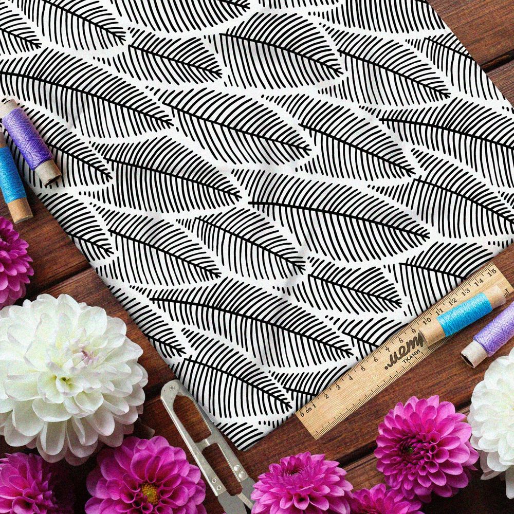 Ткань таффета плотный рисунок чёрно-белого папоротника