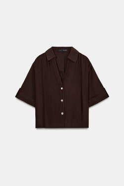 ZARA РУБАШКА СТРУЯЩЕГОСЯ ПОКРОЯ С КОРОТКИМ РУКАВОМ, ТЕМНО-КОРИЧНЕВЫЙ