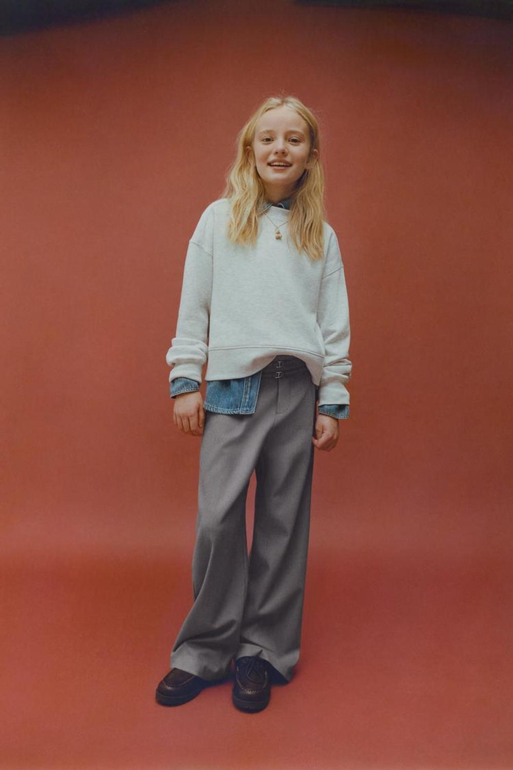 ZARA БРЮКИ WIDE LEG «ГУСИНАЯ ЛАПКА» С ДВОЙНЫМ РЕМНЕМ, СЕРО-КОРИЧНЕВЫЙ