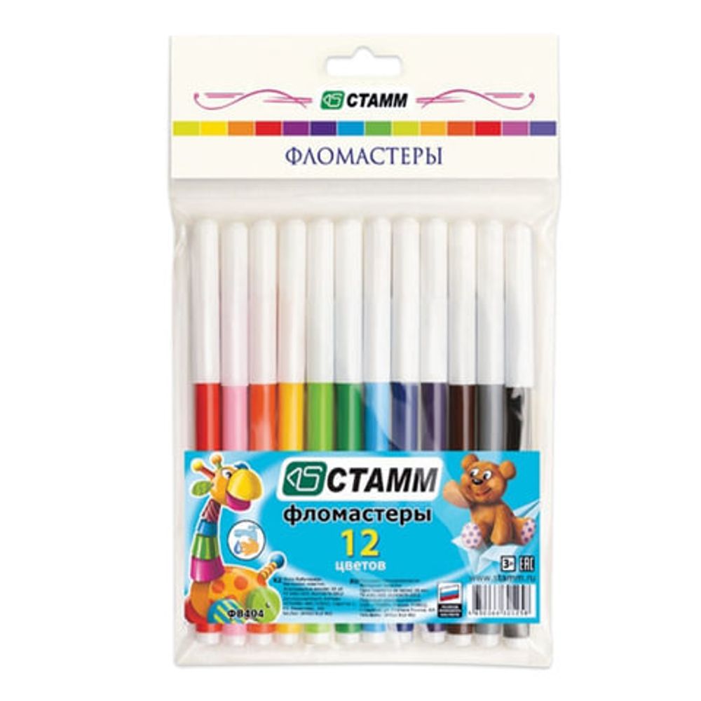 Фломастеры СТАММ "Веселые игрушки", 12 цветов, вентилируемый колпачок, европодвес, ФВ404