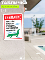 Табличка прикольная для бассейна "Внимание, в бассейне замечены крокодилы, они чувствуют запах мочи", на пляж, для общественной и частной зоны отдыха, 40х30 см, Silver Plane x Айдентика Технолоджи