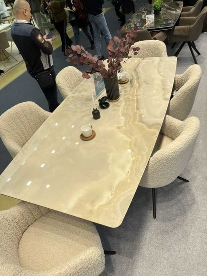 Стол МАРСЕЛЬ 220 REX 769925, Бежевый мрамор, керамика / Черный каркас