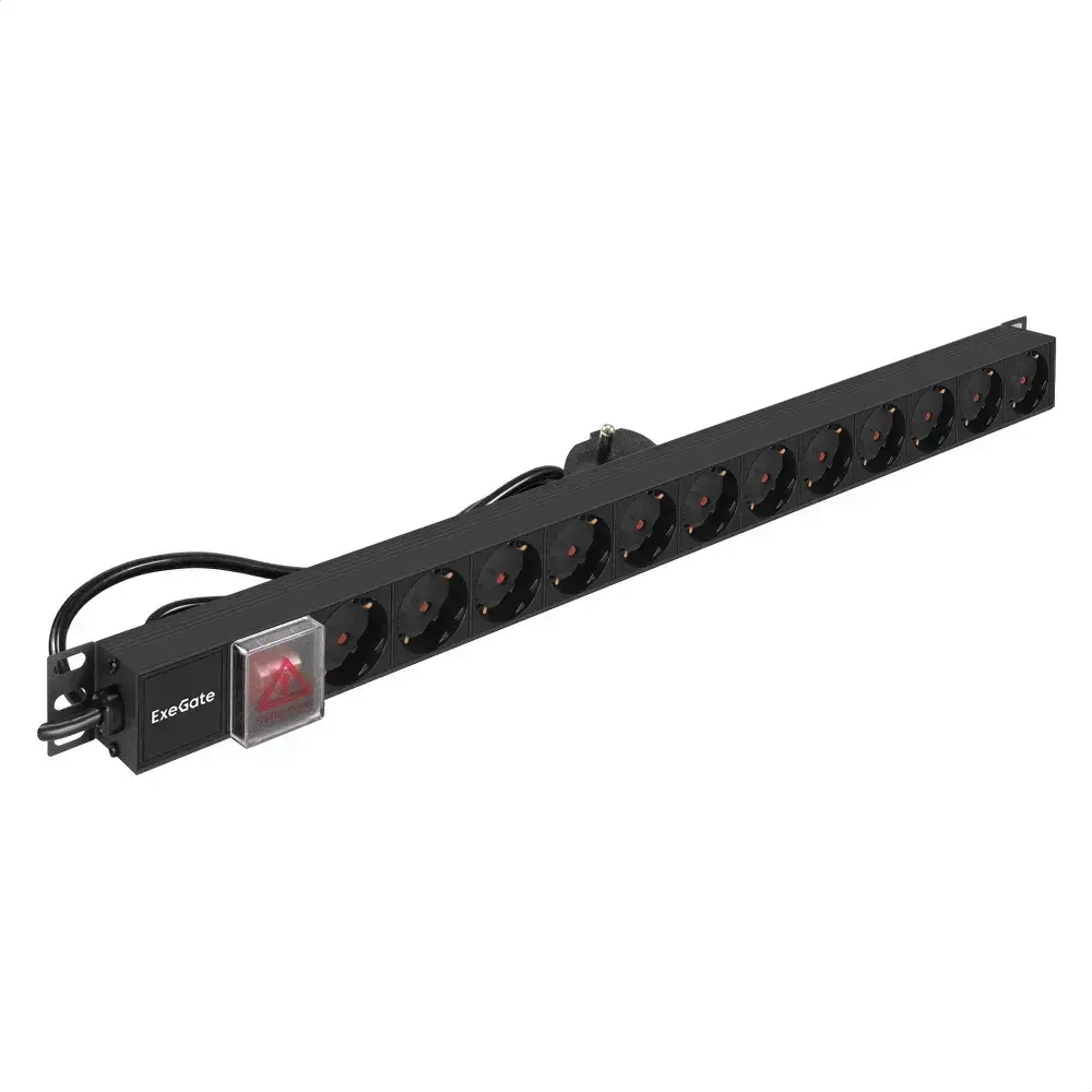Блок розеток вертикальный ExeGate ServerPro PDU-V120 Al-12S-EU2.5-SW (19", 1U, Алюминий, кабель с евровилкой VDE-250V-16A-3*1.5mm2, 2.3 метра, выкл. с подсветкой, черный, RTL)