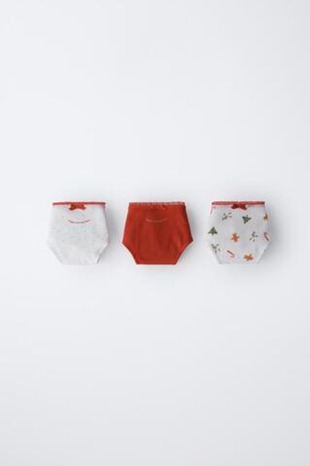 ZARA НАБОР ИЗ ТРЕХ ТРУСОВ С ПРИНТОМ, ЭКРЮ/КРАСНЫЙ
