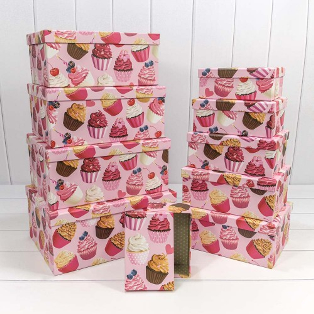 Коробка 34х26х15.3 см Набор 10 шт "Пирожные на розовом фоне" (Розовый)