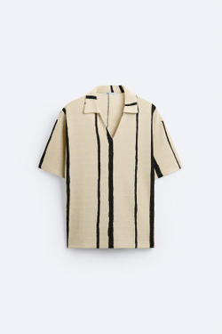 ZARA ПОЛО ИЗ РЕЛЬЕФНОЙ ТКАНИ В ПОЛОСКУ, ЭКРЮ