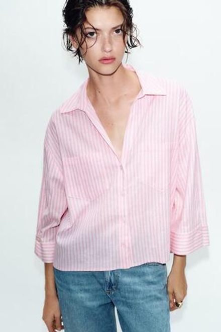 ZARA СВОБОДНАЯ РУБАШКА ИЗ ЛЬНА, РОЗОВЫЙ/БЕЛЫЙ