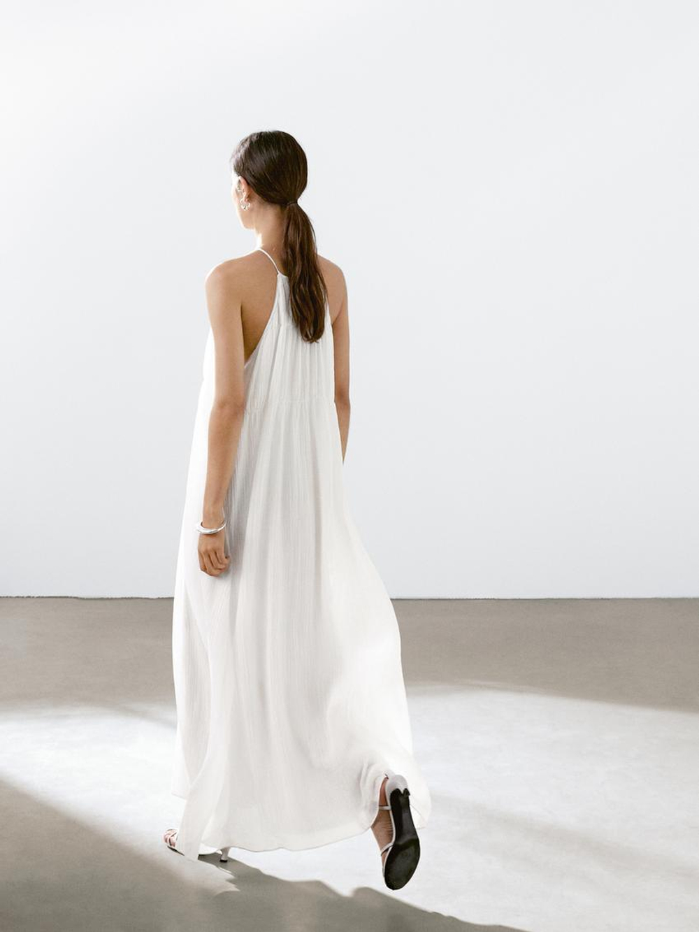 Massimo Dutti Длинное плиссированное платье со сборкой, натуральный, кремовый