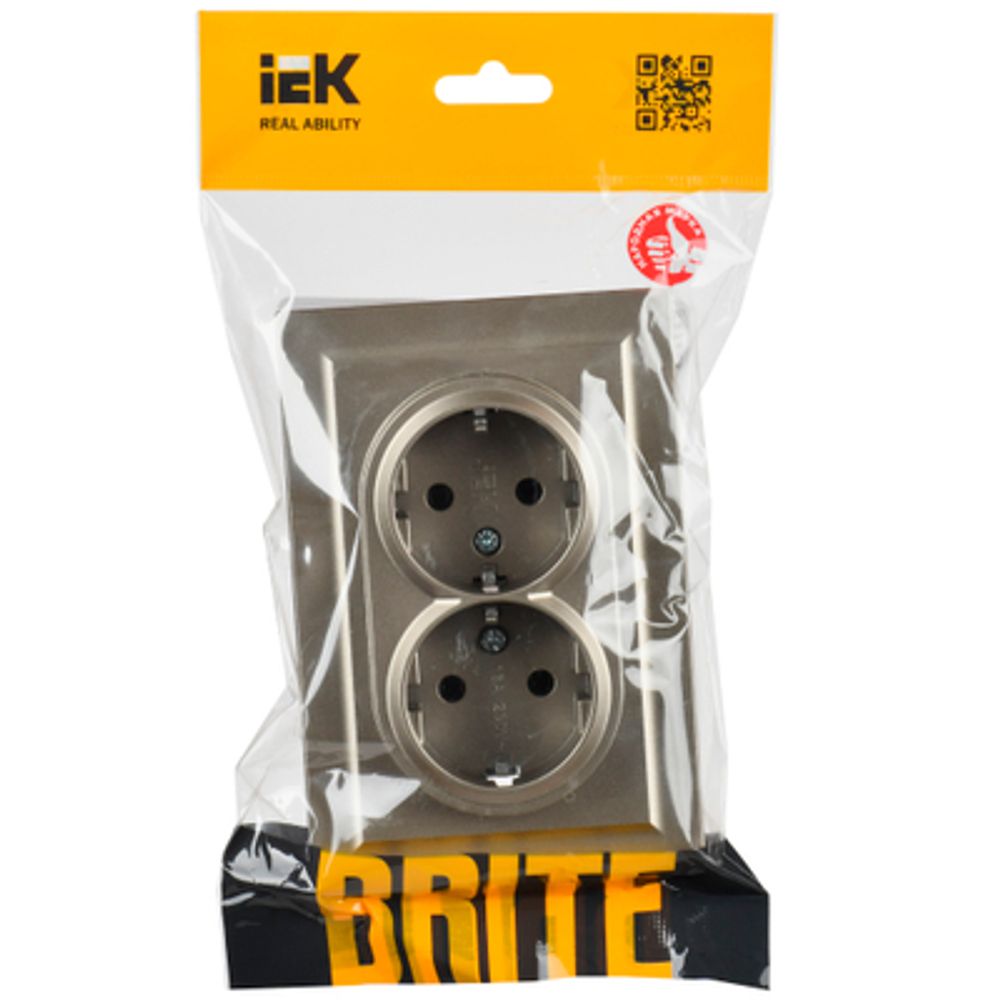 BRITE Розетка 2-местная с заземлением без защитных шторок 16А в сборе РС12-3-БрШ шампань IEK