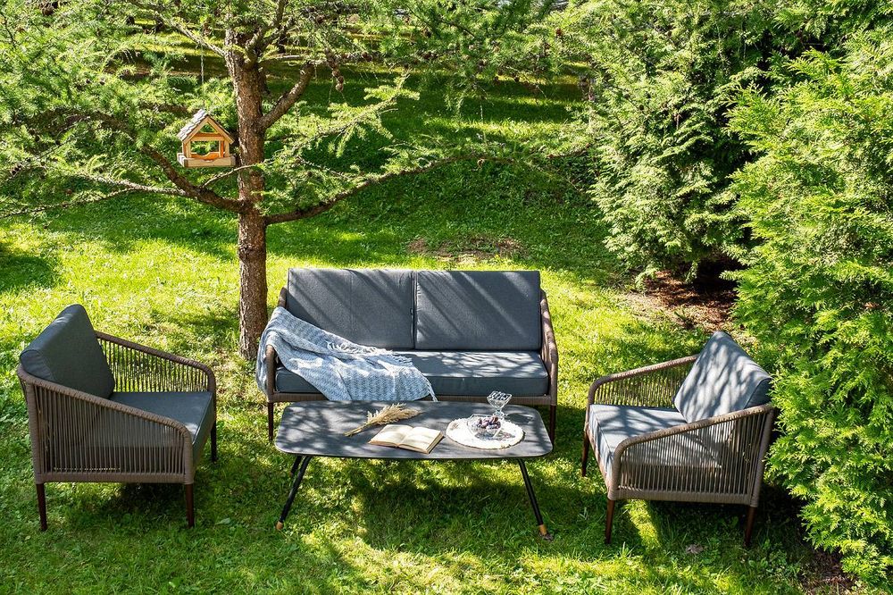 "Канны" лаунж-зона 4-местная из роупа со столом "Верона" (серый гранит), каркас алюминиевый коричневый, роуп коричневый