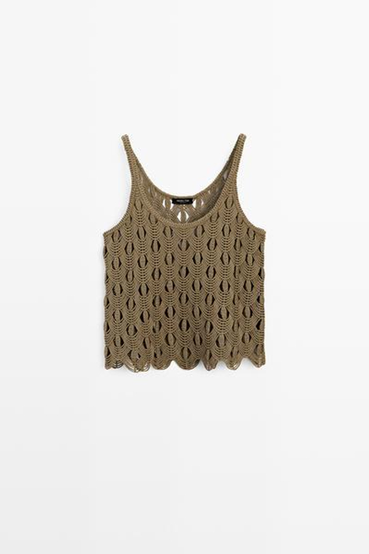 Massimo Dutti Топ на бретелях с деталями кроше, хаки