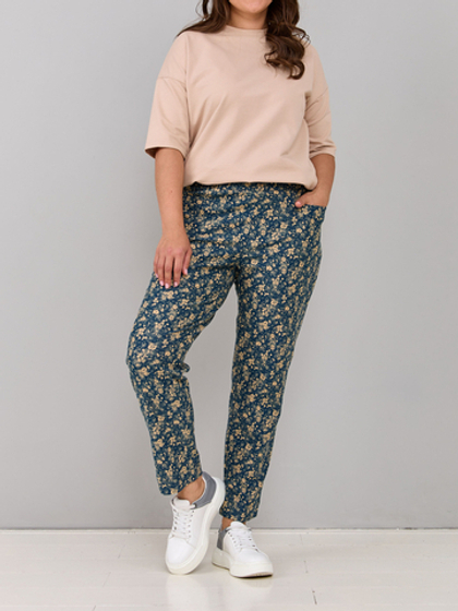 Брюки Бдж-029/джинсиндиго-цветыбежевые