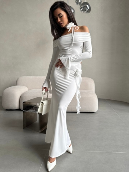 Женский костюм топ с юбкой воланы с розой белый (L/XL)