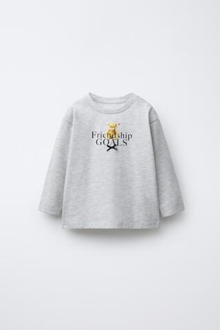 ZARA ФУТБОЛКА С АНИМАЛИСТИЧЕСКИМ ПРИНТОМ И БАНТИКОМ, СЕРЫЙ МЕЛАНЖ