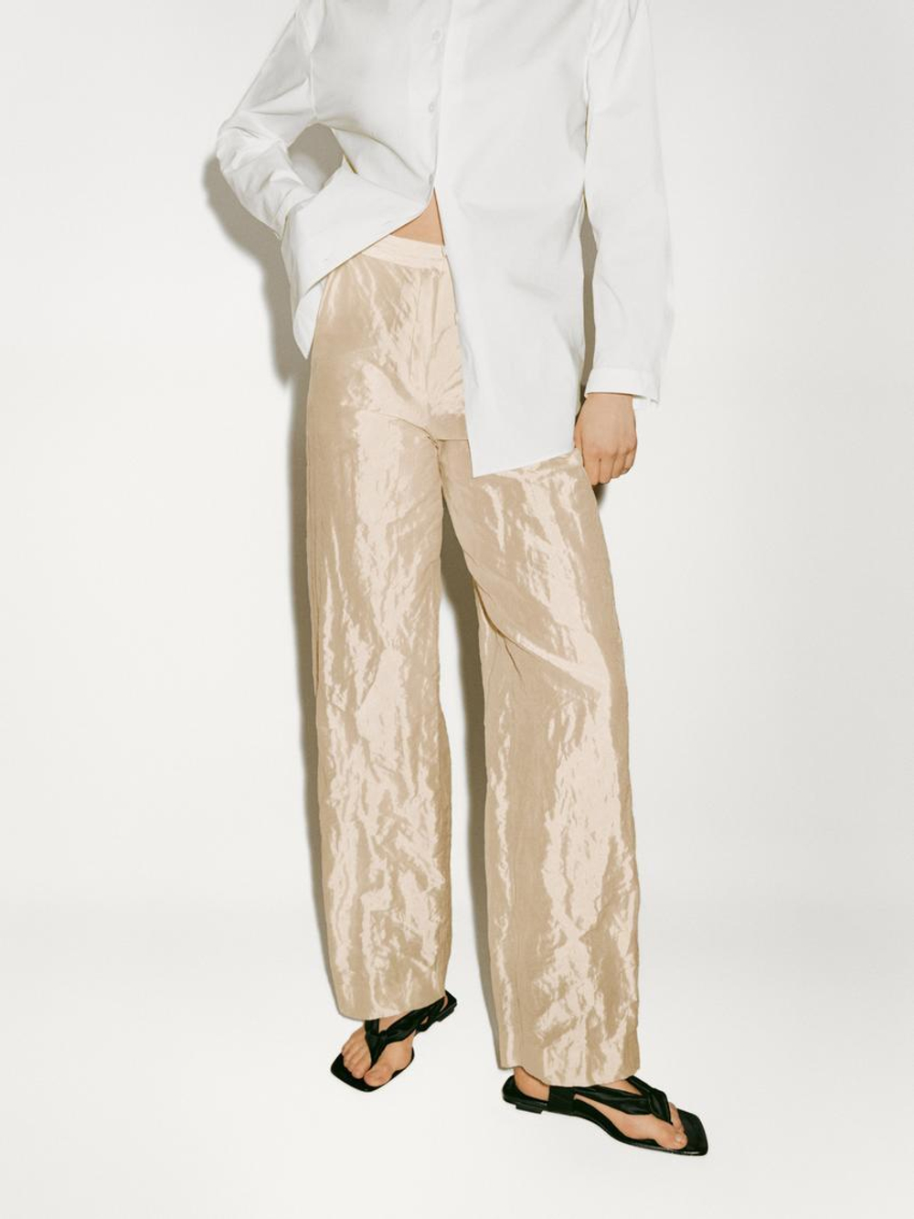 Massimo Dutti Брюки из фактурного атласа с прямыми штанинами - Limited Edition, жемчужно-серый