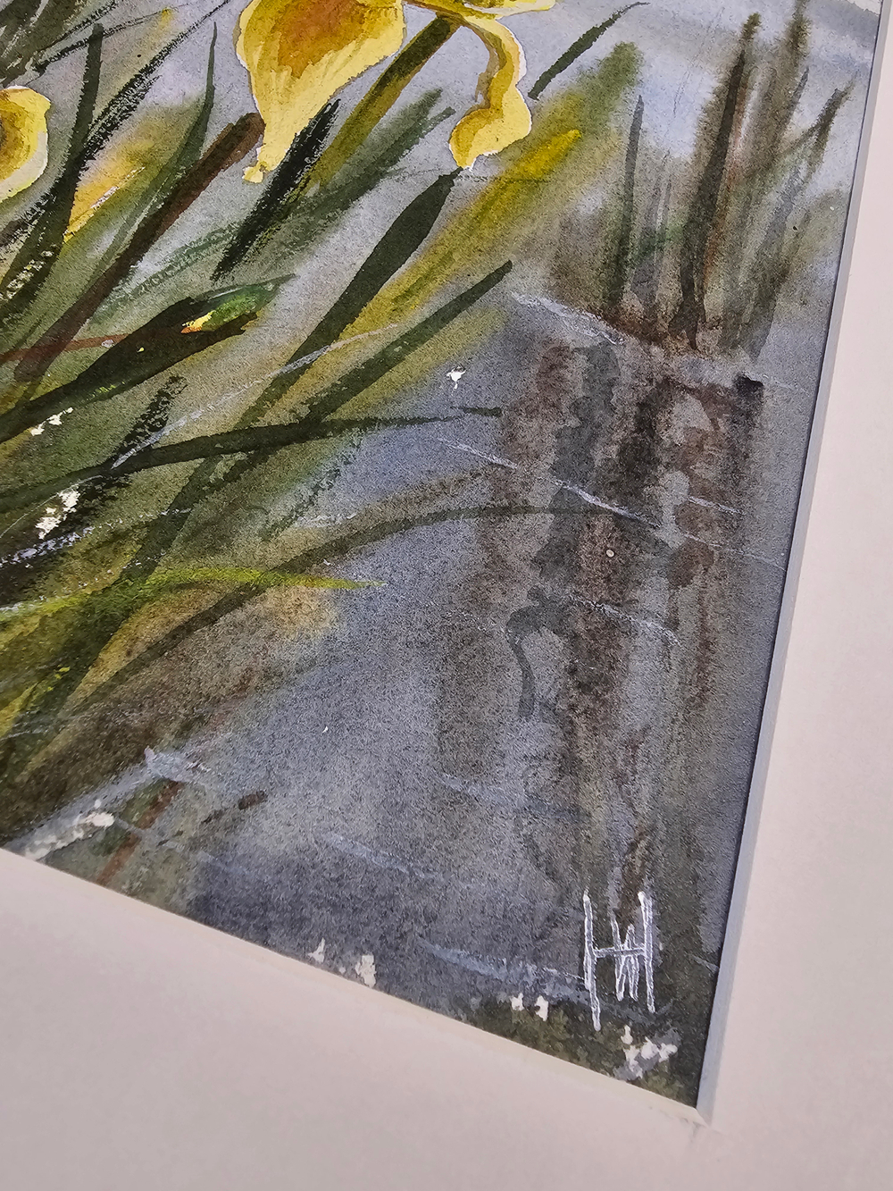 Картина авторская акварельная в паспарту 30х40 см на стену для интерьера "Прибрежные ирисы"