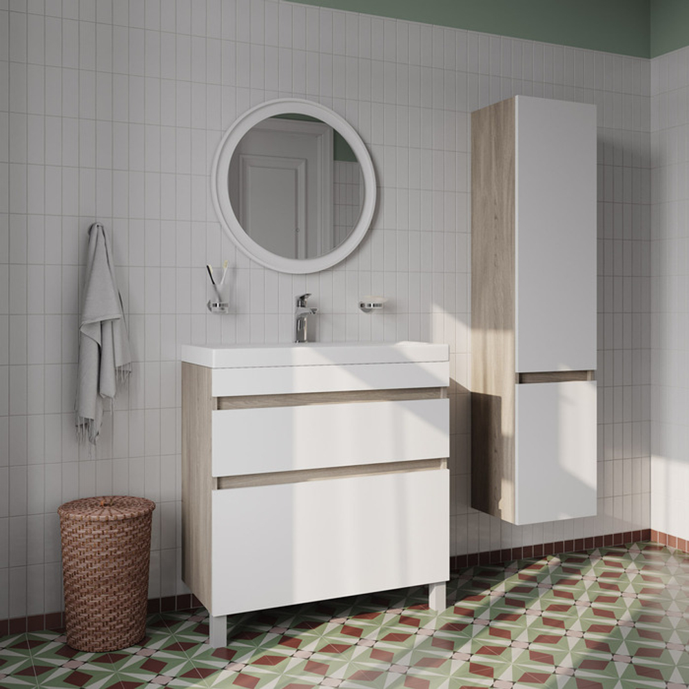 Тумба с умывальником напольная с ящиками IDDIS Zodiac, 80 см, белая/под дерево, ZOD8ABFi95K