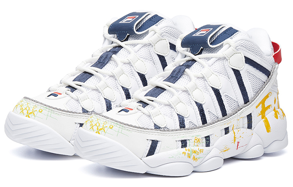 FILA FUSION Fila tide brand Spaghetti fabric synthetic leather shock absorption wear-resistant lightweight low-cut retro basketball shoes women's white blue yellow