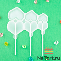 Силиконовая форма для леденцов  «Сердечки алмазные погремушки 3 в 1»