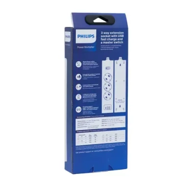 Сетевой фильтр удлинитель Philips CHP4336BA/51 с тремя стандартными розетками EU, 2 USB-A, Type-C, с заземлением и защитой от перегрузок, 2 м, черный