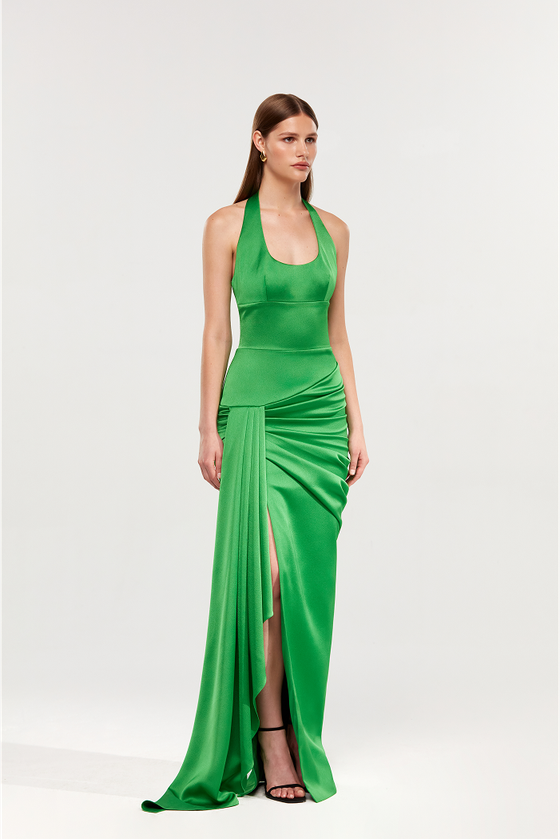 Платье макси из сатина со шлейфом