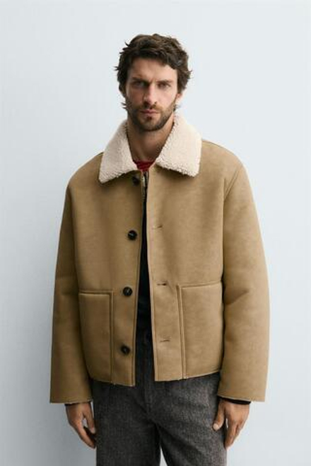 ZARA ДУБЛЕНКА ИЗ ИСКУССТВЕННОЙ КОЖИ, СВЕТЛО-БЕЖЕВЫЙ