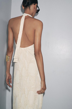 ZARA ЖАККАРДОВОЕ ПЛАТЬЕ-ХАЛТЕР, ЗОЛОТИСТЫЙ