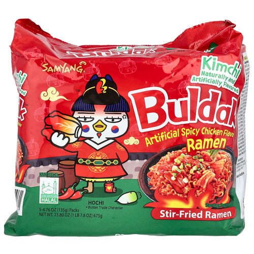 Buldak, Buldak ™, жареный рамен, острый цыпленок, кимчи, 5 пакетиков по 135 г (4,76 унции)