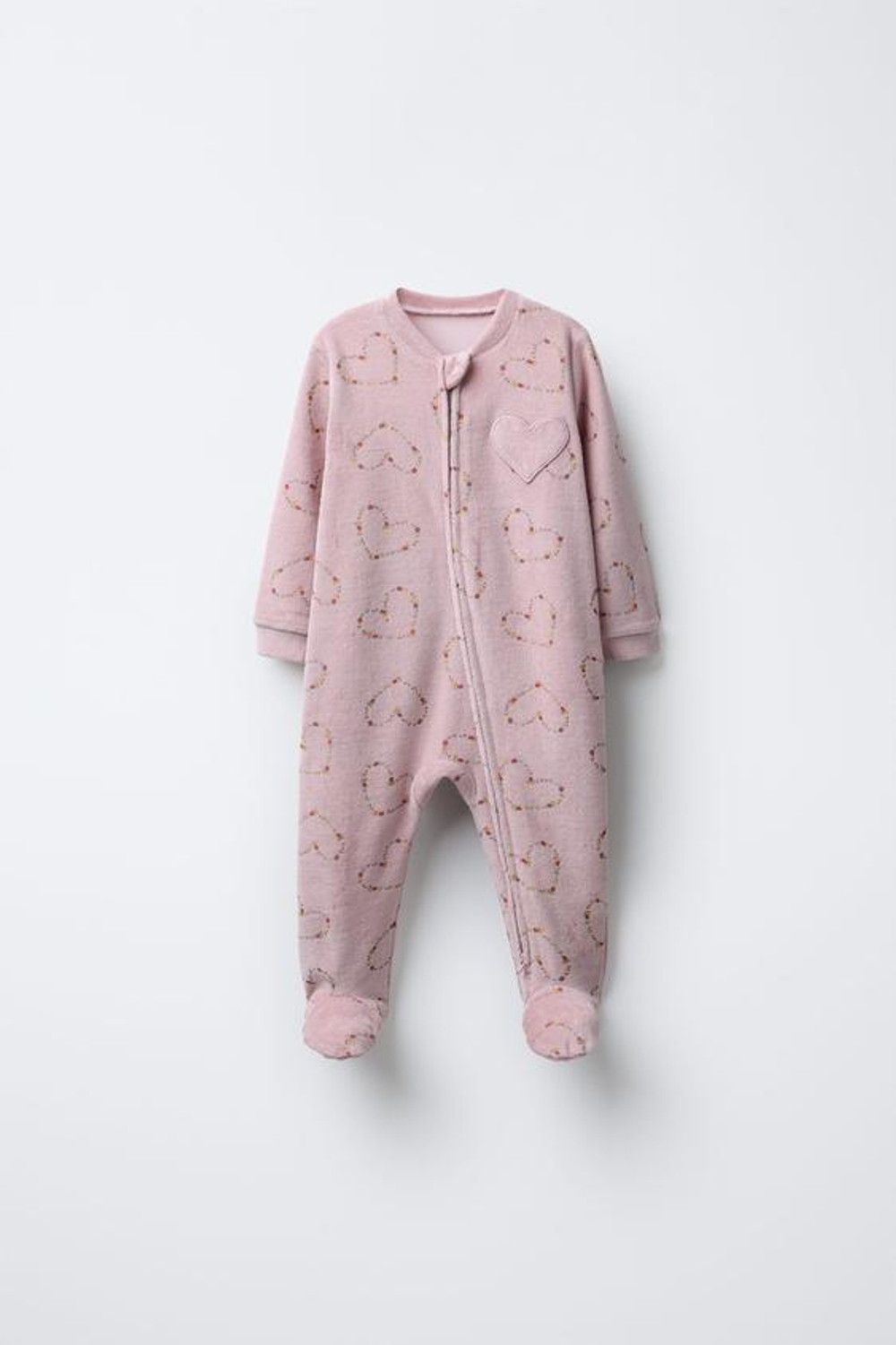 ZARA КОМБИНЕЗОН ИЗ ВЕЛЮРА С ПРИНТОМ «СЕРДЦА И ЦВЕТЫ», ПУДРОВО-РОЗОВЫЙ